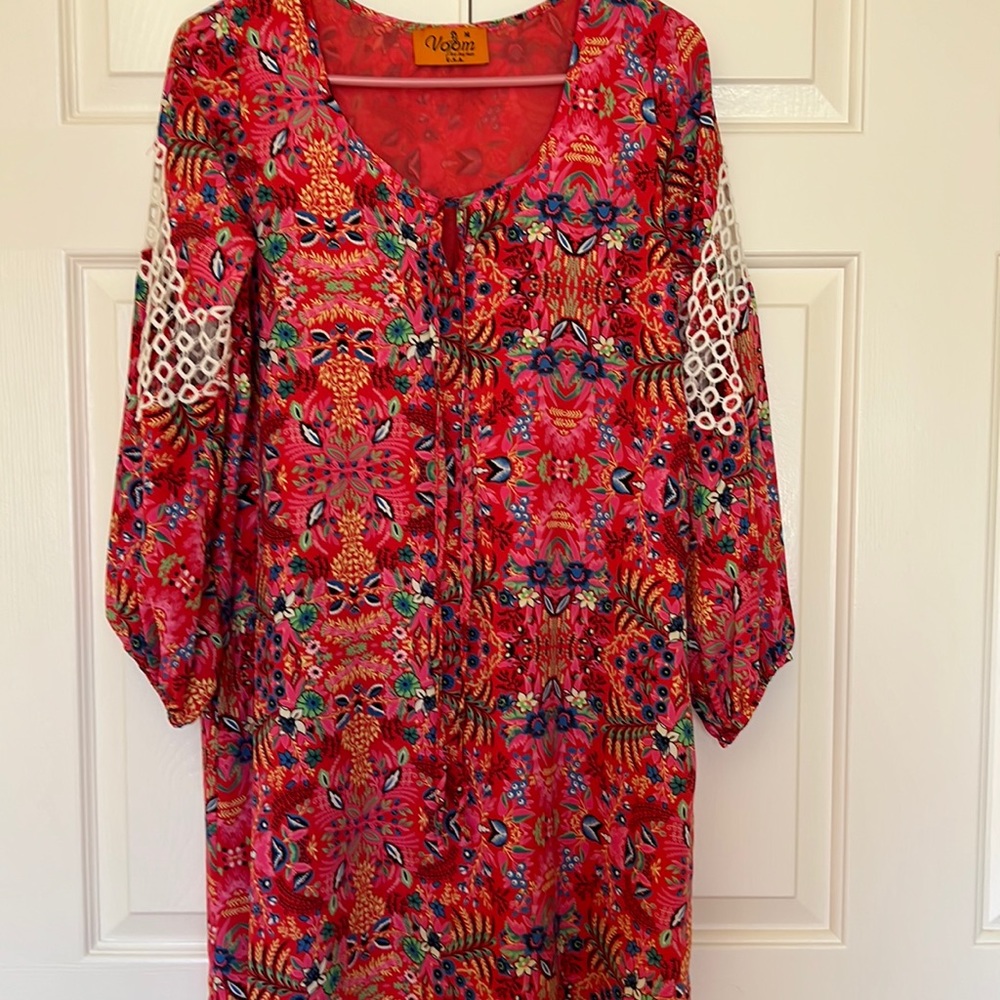 Perfect Red dress with crochet lace details on 3/4 sleeves